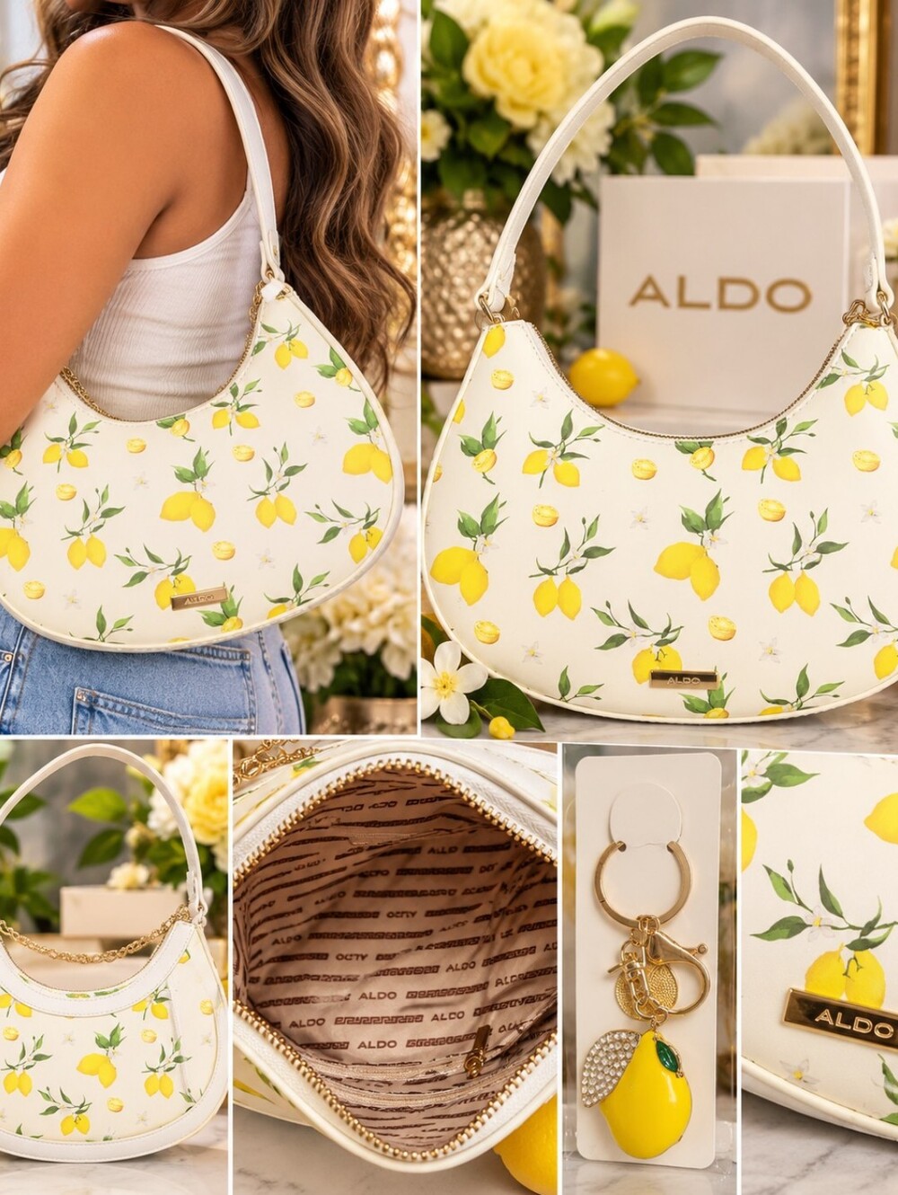 ALDO NWOT  White Lemon-Print Shoulder Bag with Gold Accents AND Lemon Keychain